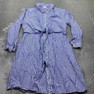 Seraphine Blue White Stripe Tie Front Button Down Maternity Shirt Dress Size 14